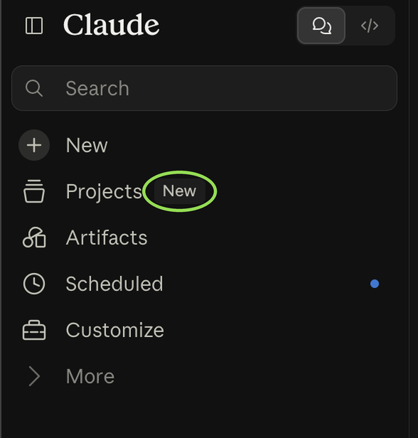 The Claude sidebar, with a New label next to Projects.