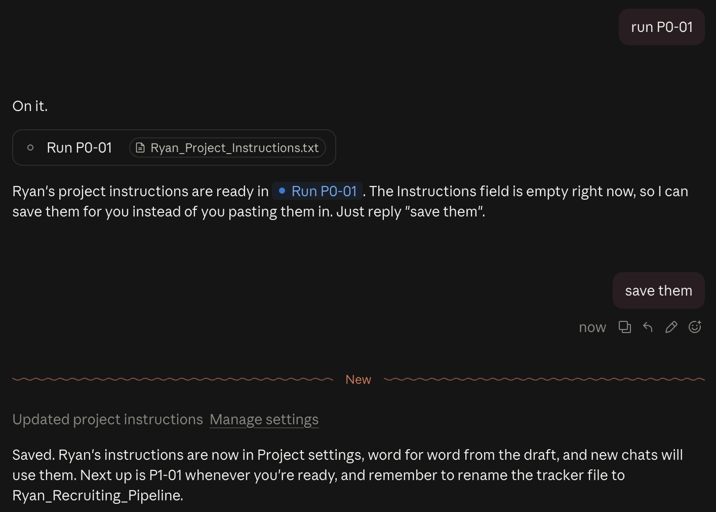 Claude says the project instructions are ready and offers to save them. The reply save them, then Claude confirms they are saved in Project settings.