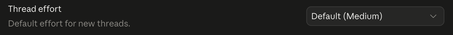 The Thread effort setting in project settings, showing Default (Medium).