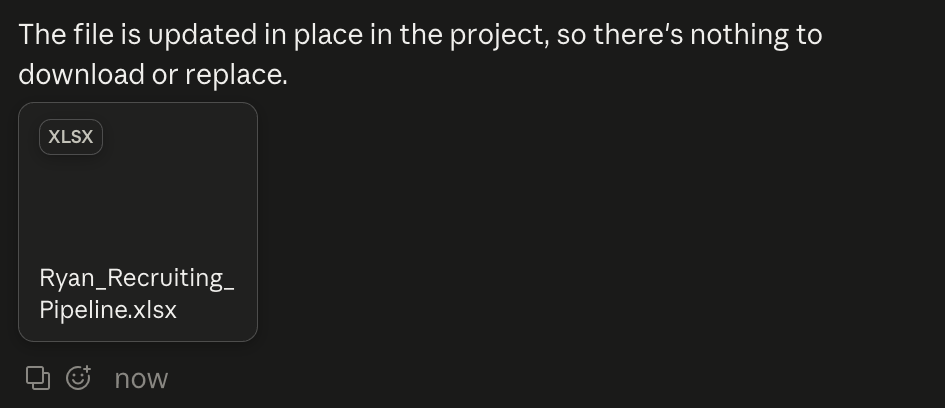 Claude's reply in a thread: The file is updated in place in the project, so there's nothing to download or replace. Below it, the Pipeline Tracker spreadsheet.