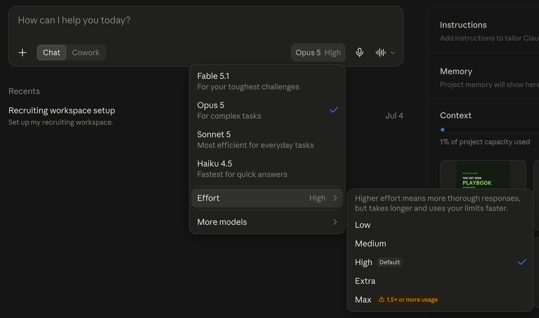 The Claude model picker open from the message box, with the model list and the Effort menu showing, September 2026.